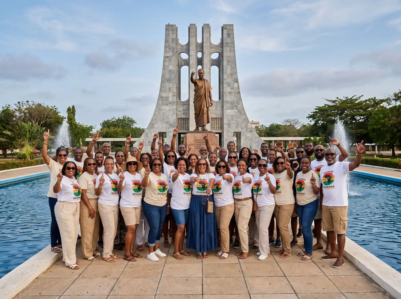 Jay Cameron with a large group of guests at the Kwame Nkrumah Memorial in Ghana