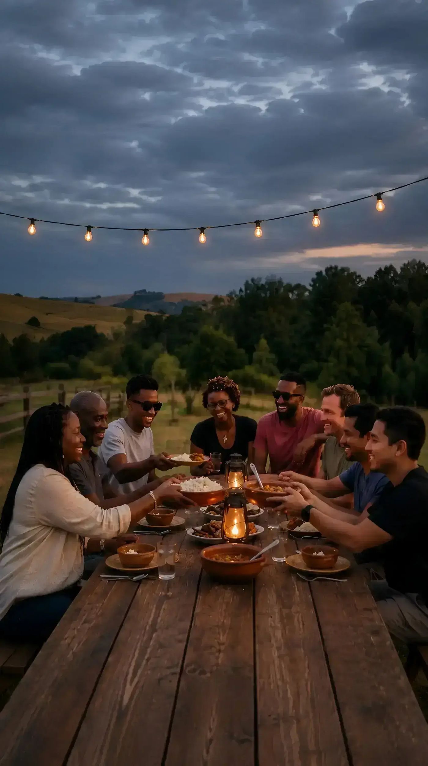 Guests sharing dinner together at a long outdoor table at dusk