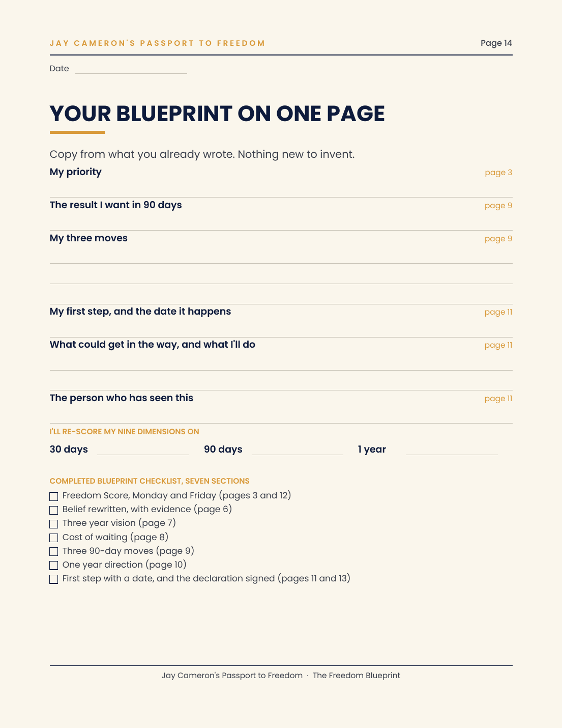 Workbook page 14, Your Blueprint on One Page, with the seven-section completed Blueprint checklist