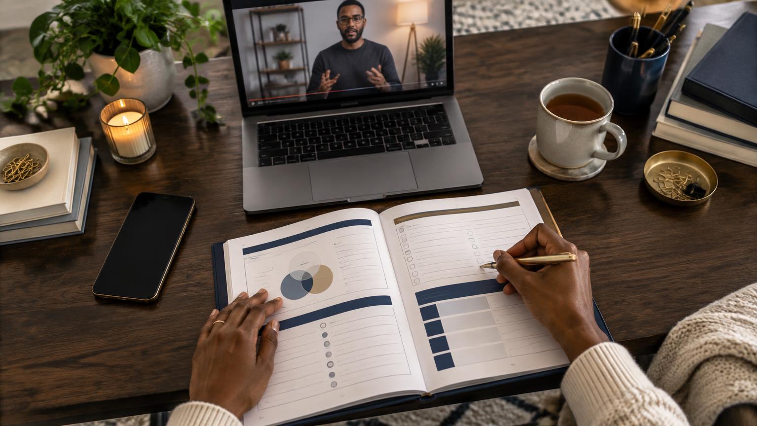 A participant completing a Blueprint workbook while watching the online Challenge from home