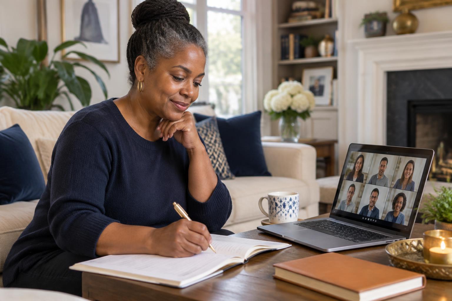 A participant watching the online Challenge and writing in a workbook at home