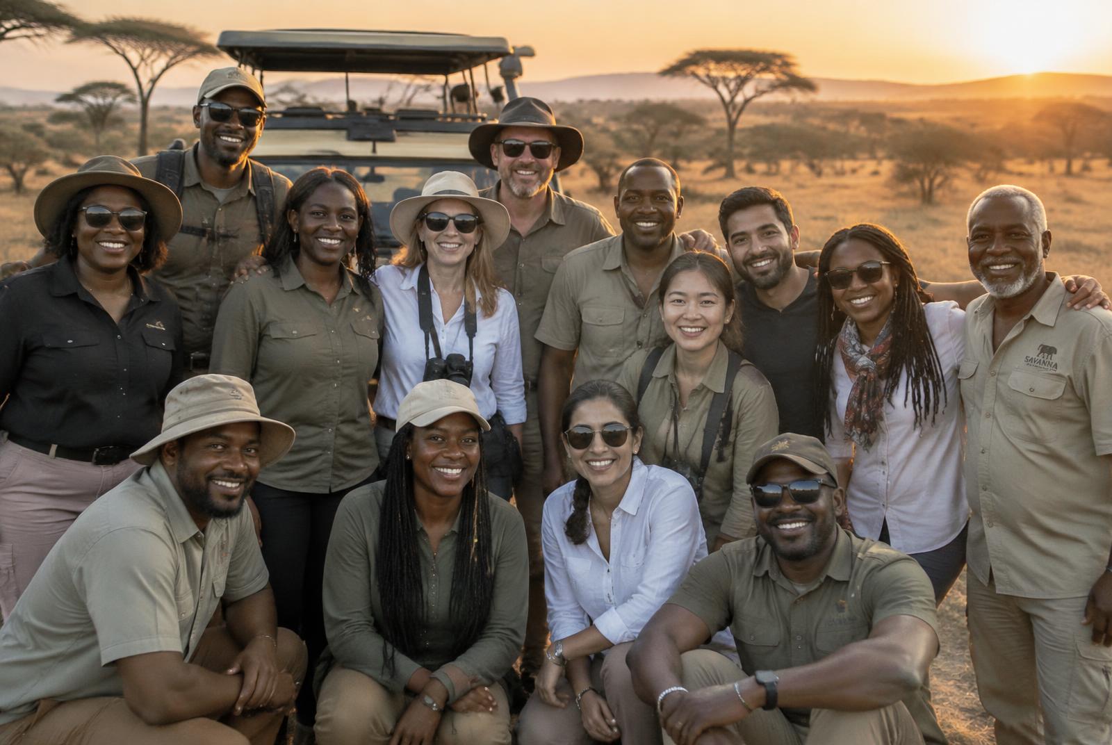 A diverse group of guests laughing together on safari at golden hour